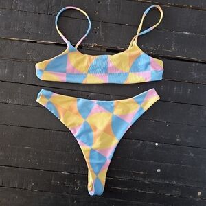 Aurelle Women's Large Vibrant Geometric Bikini Blue, Yellow, Pink Cheeky Swim